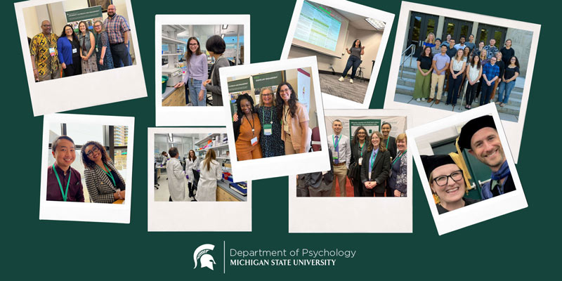 A collage of MSU grad students and faculty working and celebrating alongside each other.
