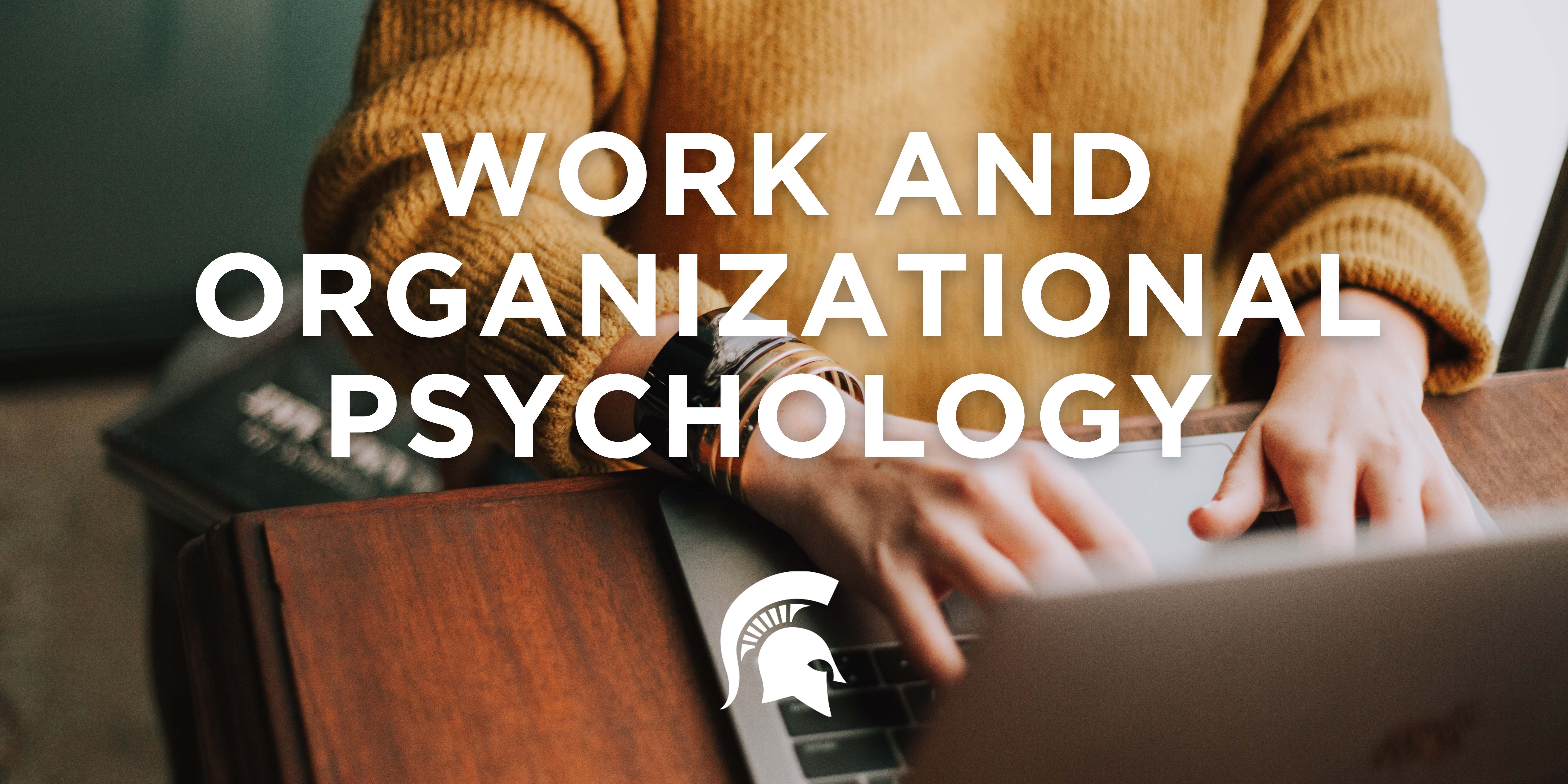 A torso and hands are shown in a cropped photo. The hands are on the keyboard of a laptop.  The person wears a dark yellow sweater. The graphic has the Spartan head and says "Work and Organizational Psychology."