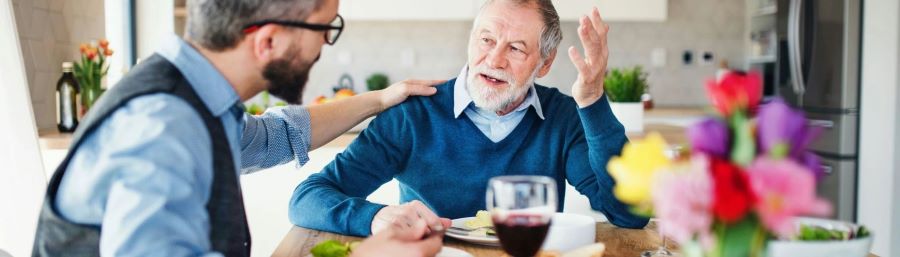 An image depicting an adult son talking with his parent.