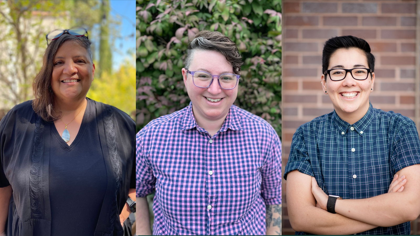 Drs. Galupo, Puckett, and Matsuno smile at the camera with different backgrounds.