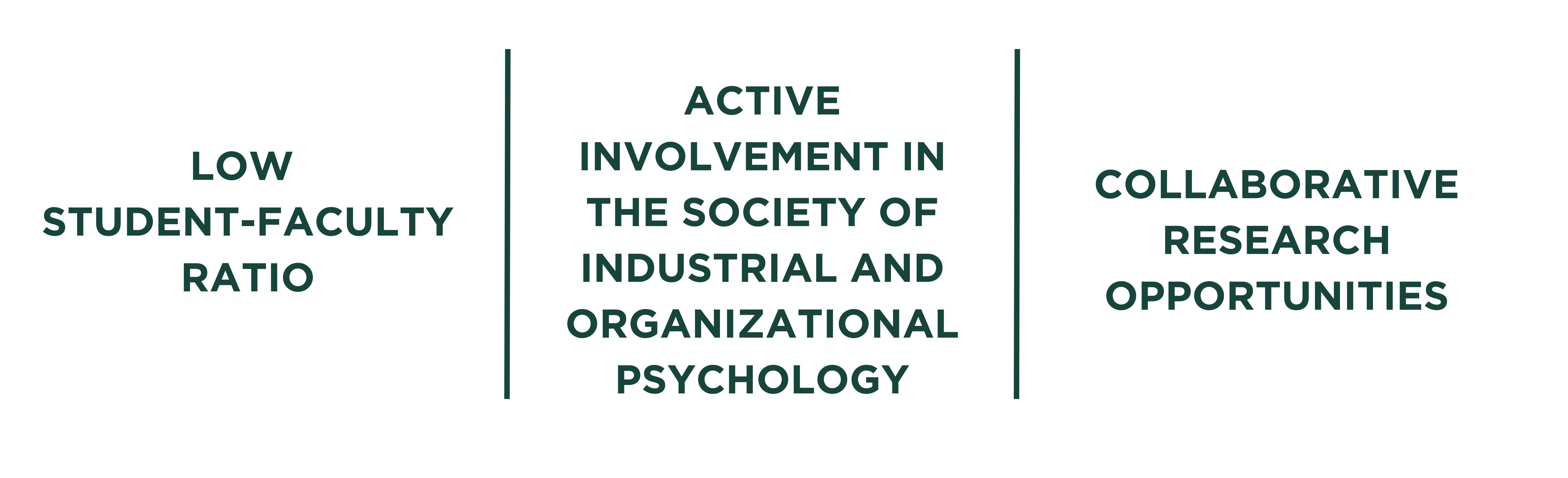 Graphic that says "Low Student-Faculty Ratio", "Active involvement in the Society of Industrial and Organizational Psychology" and "Collaborative Research Opportunities"