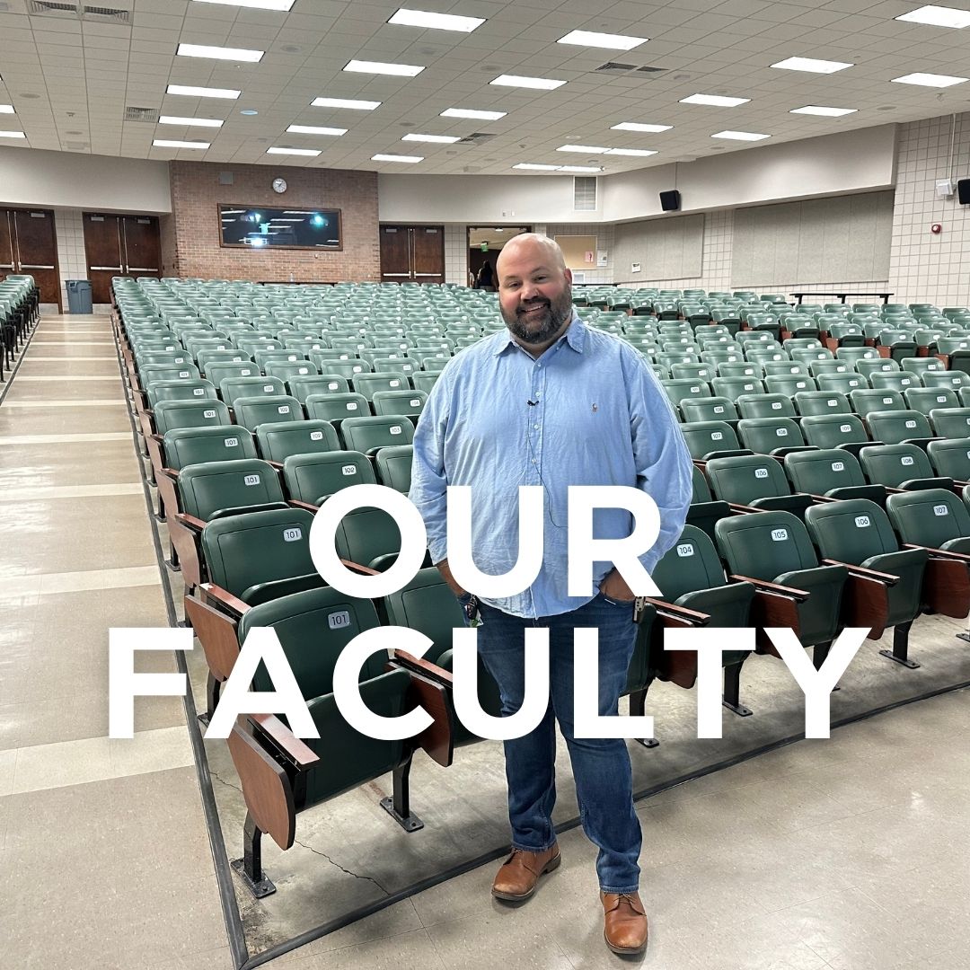 A photo that says "our faculty" written over the top of a photo of Dr. Weaver standing in front of a large classroom.